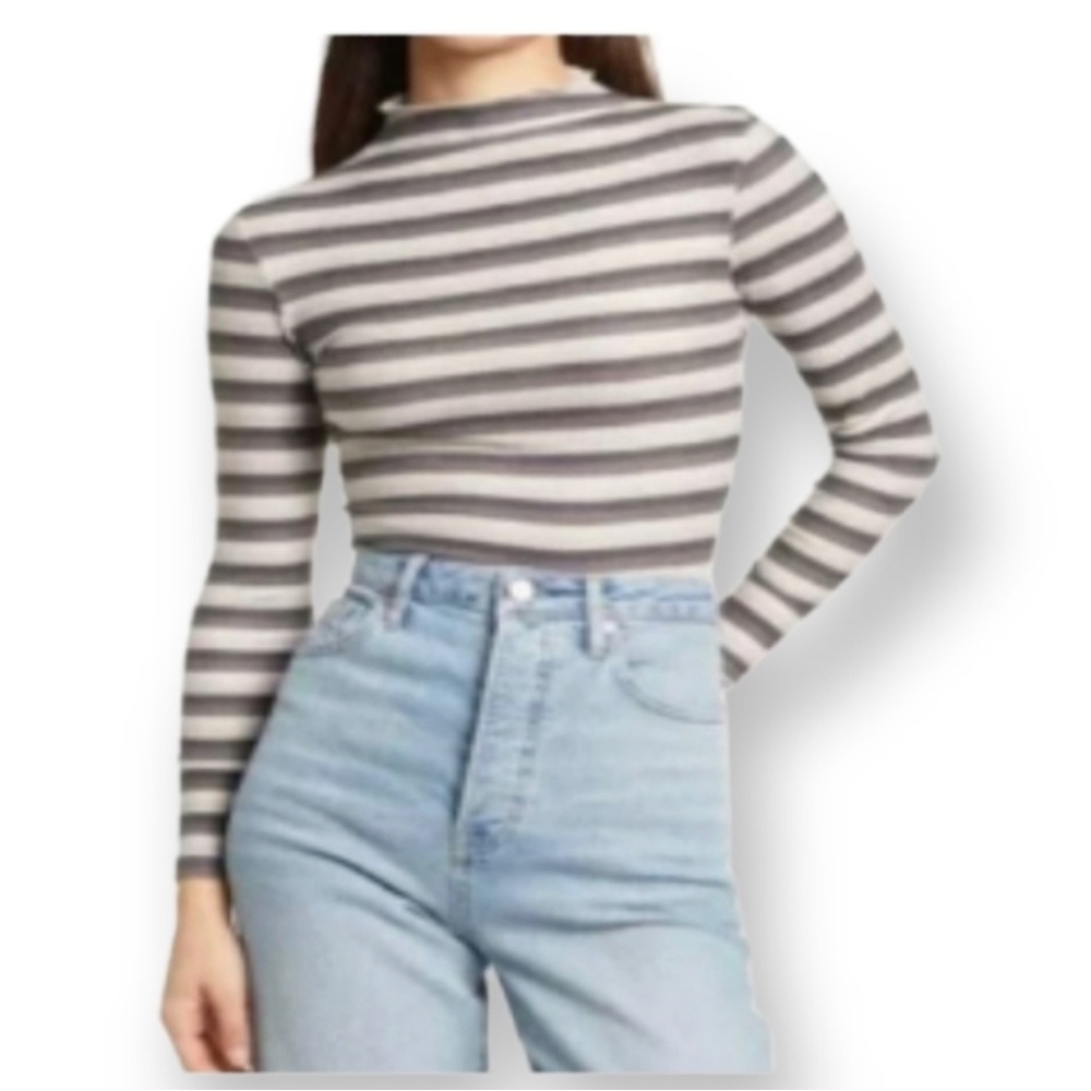 Cali B size S women's long sleeve striped high neck ribbed mockered gray Top szS
